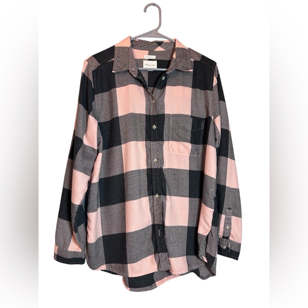 American Eagle Outfitters Peach and Black Plaid Super Soft Flannel Shirt L